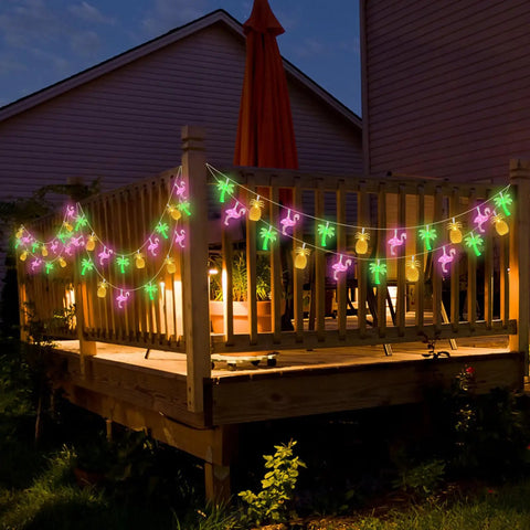 Tropical Flamingo Pineapple Palm Tree LED String Lights, 30 LEDs, 16 Ft Battery Operated, Three Design Options on outdoor deck