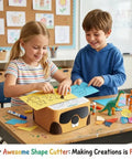 Kids using Kids Safe Cardboard Cutter Tool For DIY Projects And STEM Craft, with safe blade and craft materials on a classroom table.