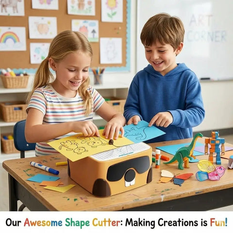 Kids using Kids Safe Cardboard Cutter Tool For DIY Projects And STEM Craft, with safe blade and craft materials on a classroom table.
