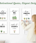Woman hanging motivational quote wall art with plants, elegant design, 6 diverse inspirational prints.