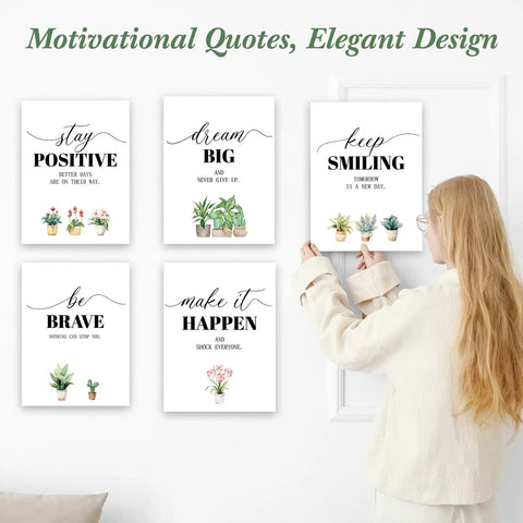 Woman hanging motivational quote wall art with plants, elegant design, 6 diverse inspirational prints.