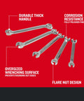 5 Piece Flare Nut Wrench Set Metric MM With Polished Finish For Rust Resistance, Oversized Wrenching Surfaces on red background