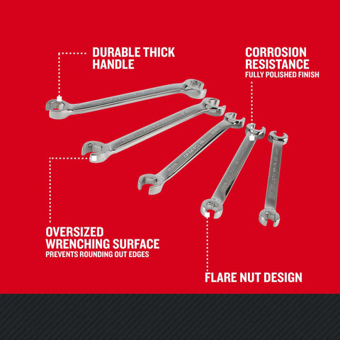 5 Piece Flare Nut Wrench Set Metric MM With Polished Finish For Rust Resistance, Oversized Wrenching Surfaces on red background