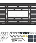 Front License Plate Bracket With Full Border In Black ABS, 4 Hook Design, Stainless Steel Screws And Ties, For 2 Pre Drilled Holes Bumper Mounting, Copper Core Inserts For Rock Solid Screw Lockdown And Easy Hassle Free Install.
