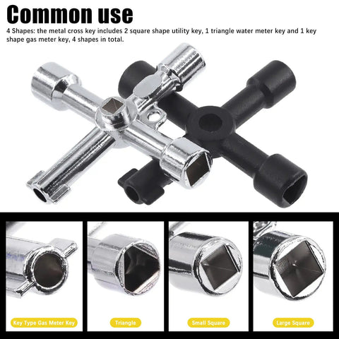 Thirteen Piece Utility Keys Kit For Plumbing And Home Use with 4 way service cross key and multiple socket key shapes visible.