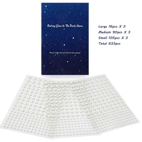 Product packaging and 633-piece set of Glow In The Dark Stars Ceiling Decals 633 Realistic 3D Star Stickers Create A Starry Sky Night Glow For Kids Bedroom Decor That Slaps And Keeps The Room Cozy And Lit Gifts.