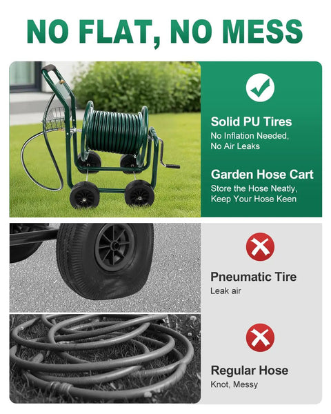 Heavy Duty Garden Hose Reel Cart With Four PU Wheels And Storage Basket Holds Up To 300 Ft Of 5/8 Inch Hose demonstration image