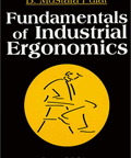 Front view of book Fundamentals of Industrial Ergonomics; black cover with white typography and yellow circular graphic.