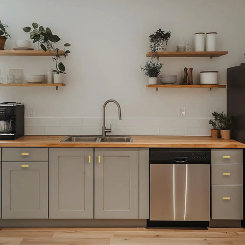 Modern kitchen featuring Thirty Hella Sturdy Brushed Brass Cabinet Knobs on gray cabinets with wood countertop and stainless steel appliances.