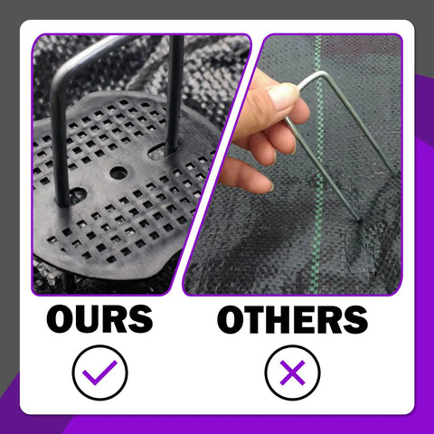 Comparison of U-Shaped Landscape Stakes and Plastic Fixing Gasket Kit 201-Piece with standard stakes, showing installation.