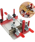 Router Table Coping Sled And Rail Coping Clamp For Woodworking Safety Sled For Precise Door Cabinet And Furniture Cutting Lightweight Quick Install Shaper Tool For Routers And Tables Durable Aluminum Build with red handles and adjustable rail clamp shown in action cutting wood pieces.