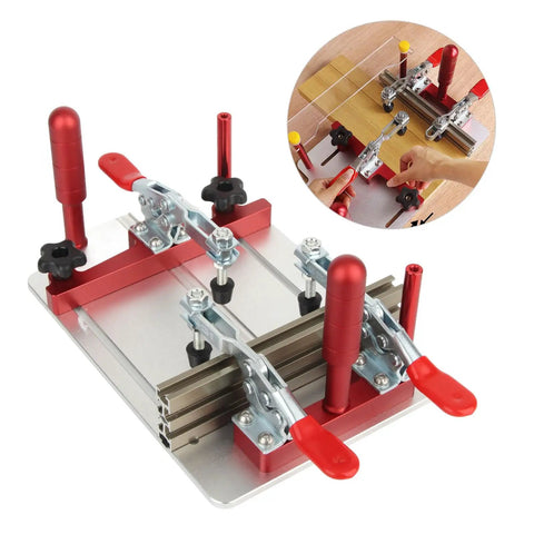 Aluminum Router Table Coping Sled With Safe Rail System showing clamps and clear acrylic dust board for woodworking use.