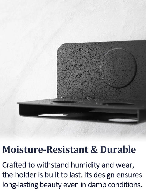 Universal Magnetic Hair Dryer Holder Wall Mount For All Dryers, metal stand with moisture-resistant black finish close-up.