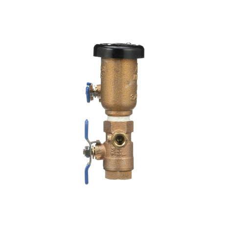 Front view of brass 3/4 in pressure vacuum breaker assembly with blue handles and black cap