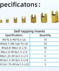50Pcs Self Tapping Thread Inserts Set In 302 Stainless Steel With Storage Case, Slotted Design For Easy Direct Install No Pre Tap Required, M3 M4 M5 M6 M8 M10 M12, Reinforced Threads And Durable Gold Finish For Repairs, showing specifications chart