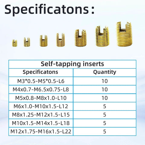 50Pcs Self Tapping Thread Inserts Set In 302 Stainless Steel With Storage Case, Slotted Design For Easy Direct Install No Pre Tap Required, M3 M4 M5 M6 M8 M10 M12, Reinforced Threads And Durable Gold Finish For Repairs, showing specifications chart