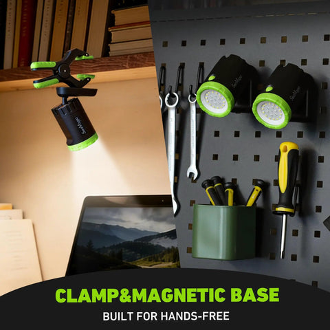 Rechargeable LED Work Light 360-Degree Rotatable with Magnetic Base and Clamp in garage setting, tools visible