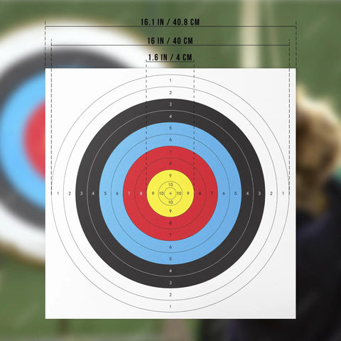 Bulk 30 Pack Archery Target Paper 40x40cm 10 Ring Indoor Target with dimensions overlay and blurred background