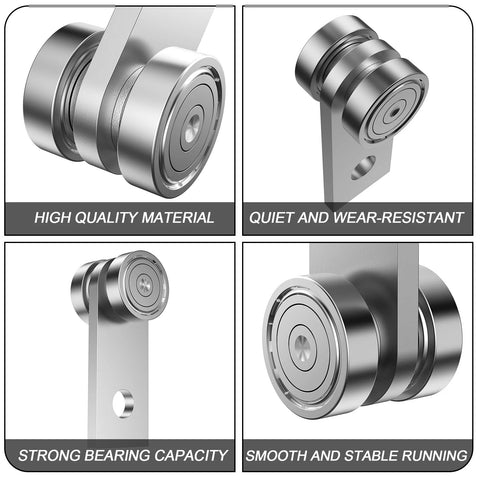 Silver two-wheel trolley rollers for 1-5/8 inch strut channel, close-up, showcasing high-quality hot rolled carbon steel material.