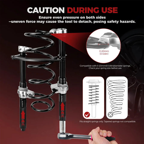 2-Piece Coil Spring Compressor Kit with Double Retention Anti-Drop System showing parts and caution use instructions.