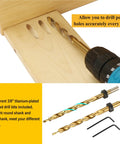 Drilling wood with Pro Grade All Metal Pocket Hole Jig Kit For Woodworking Upgraded Dowel Jig With Adjustable 3 Pocket Angles.