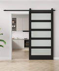 Tempered Frosted Glass Sliding Barn Door With 7 Ft Hardware Kit And Handle, Solid Core Wood Construction, 42 x 84 Inches, Black Finish, Installed