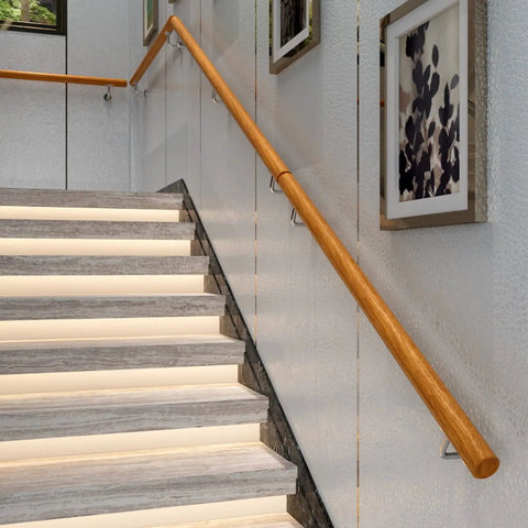 Top Shelf Indoor Wooden Stair Railing Kit Round Banister Support 11 Foot Handrail Set For Home Steps mounted on gray stairs