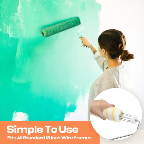 Top Tier 48 Pieces 18 Inches Paint Roller Covers Crafted With Plush Microfiber For A No Sweat Home Wall Project Heavy Duty Fast Drying Yellow 3 8 Nap Roll Cover Kit in use on a green wall.