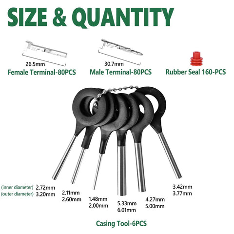 Size and quantity of components in the Waterproof Automotive Electrical Connector Kit With 376 Pieces 25 Kits 1 2 3 4 6 Pin Male And Female Plugs For 22 To 14AWG Wiring Spark Plug Terminals Wire Harness Set For Car Repair Ready For Any Weekend DIYer shown in image.