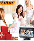 Cruise With Confidence Using This Rear Facing Baby Car Camera Featuring HD 1080P clarity on a monitor with gifts in the background.