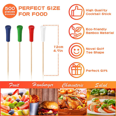 Multicolor Golf Tee Picks Set Of 500 For Appetizers And Party Decor Bamboo Toothpicks In Red Blue Green White