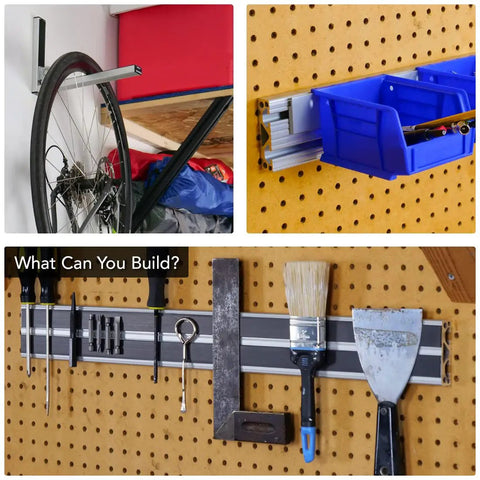 Two Channel T Slotted Aluminum Extrusion For DIY Builds 50mm By 12.5mm Profile Clear Anodized 915mm Long 25 Series Compatible With Linear Rails Track Saws And Custom Machines. wall-mounted storage rack with bike, bin, and tool holders