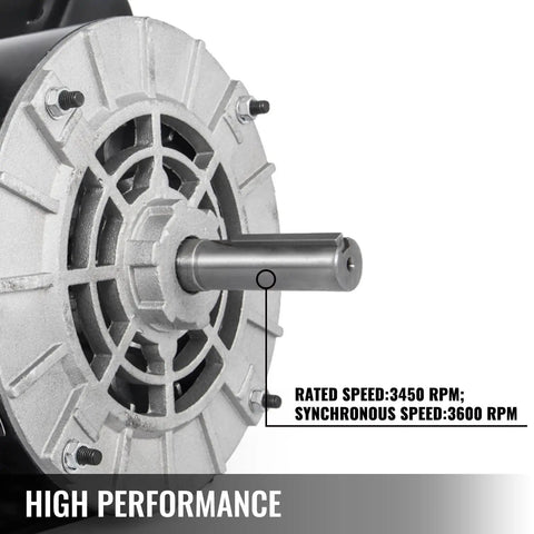 Close-up of No Drama 3Hp And 5Hp Single Phase AC Electric Motor featuring rated speed of 3450 RPM and steel housing.