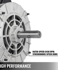 Close-up of Heavy Duty Single Phase Electric Motor For Air Compressors And Shop Pumps Packing 3 Hp, showing rated speed of 3450 RPM.