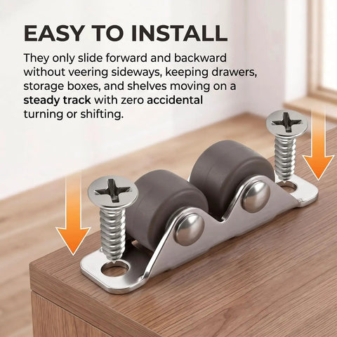 Heavy Duty Low Profile Caster Wheels 12 Piece Kit With Screws Rock Solid Double Roller Bearings For Home Furniture That Moves Like Butter And Is Totally Effortless To Install, showing a close-up of a caster roller with mounting screws.