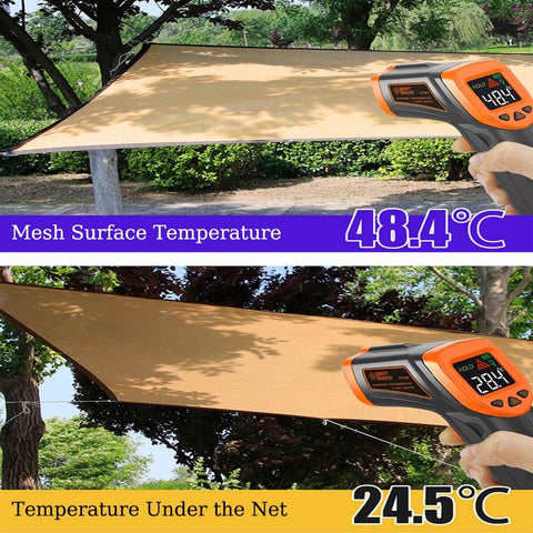Dope Outdoor Sun Shade Cloth Mesh Tarp with Grommets showing temperature difference; mesh surface 48.4°C, under net 24.5°C.