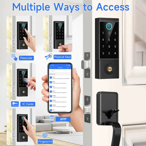Showcasing Premium Heavy Duty Smart Door Lock With App Control And Fingerprint Entry For Main Entrances with multiple access methods.