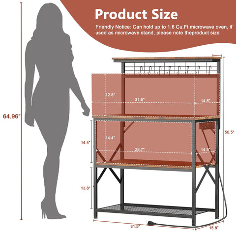 Diagram of Rustic Brown Kitchen Bakers Rack With Power Outlets And A 31.5 Inch Desktop Four Tier Storage Coffee Bar Station dimensions.