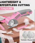 Shall 4V Cordless Electric Scissors With Safety Lock And Led Light on a wooden table, cutting fabric with replacement blades included.
