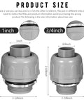 Comparison of 1 inch and 3/4 inch gray PVC conduit fittings, highlighting size for 180 Degree Liquid Tight PVC Conduit Fittings Non Metallic 3/4 Inch.