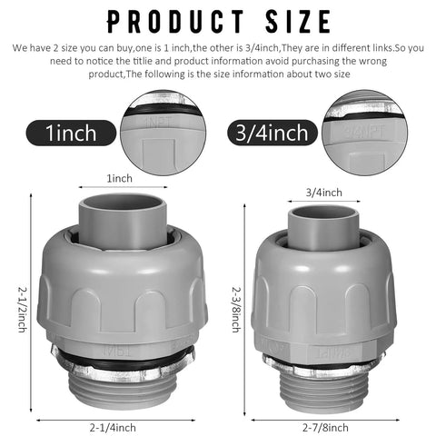Comparison of 1 inch and 3/4 inch gray PVC conduit fittings, highlighting size for 180 Degree Liquid Tight PVC Conduit Fittings Non Metallic 3/4 Inch.