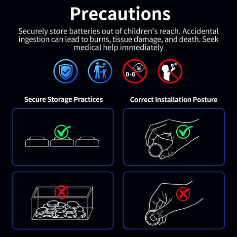 Image showing precautions for Thirty Pack LR44 Button Coin Batteries AG13 A76 L1154F SR44 storage and installation practices.