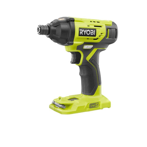 Side view of Ryobi 18 Volt One Plus Lithium Ion Six Tool Combo Kit impact driver for DIYers and pros, no battery attached.