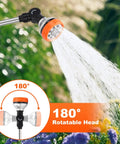 Long 18.5 Inch Garden Hose Wand With 180 Degree Swivel Head and 8 Spray Patterns showing water flow in garden