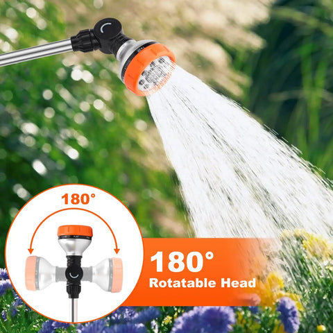 Long 18.5 Inch Garden Hose Wand With 180 Degree Swivel Head and 8 Spray Patterns showing water flow in garden