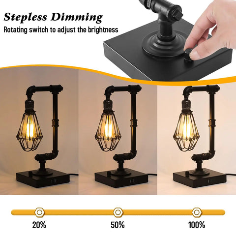 Industrial Table Lamp With Stepless Dimming Knob Control And Edison Pipe Design, USB A And USB C Charging, brightness levels shown