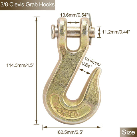 3/8 Inch Clevis Grab Hook For Chains Grade 70 G70 Heavy Duty 6600 Lbs Break Strength with dimensions shown
