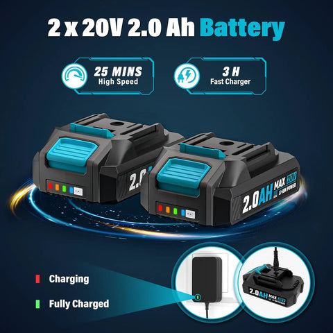 Two 2.0Ah batteries for Cordless Leaf Blower With 2 X 2.0Ah Batteries, 350 CFM At 150 MPH, Fast Charger, Dual Tube Design, 20V Lawn Care Tool
