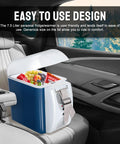 Portable 12V Thermoelectric Cooler And Warmer With 7.5 Quart Capacity Compact Mini Fridge for Car with snacks and drinks inside.