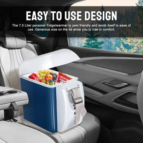Portable 12V Thermoelectric Cooler And Warmer With 7.5 Quart Capacity Compact Mini Fridge for Car with snacks and drinks inside.